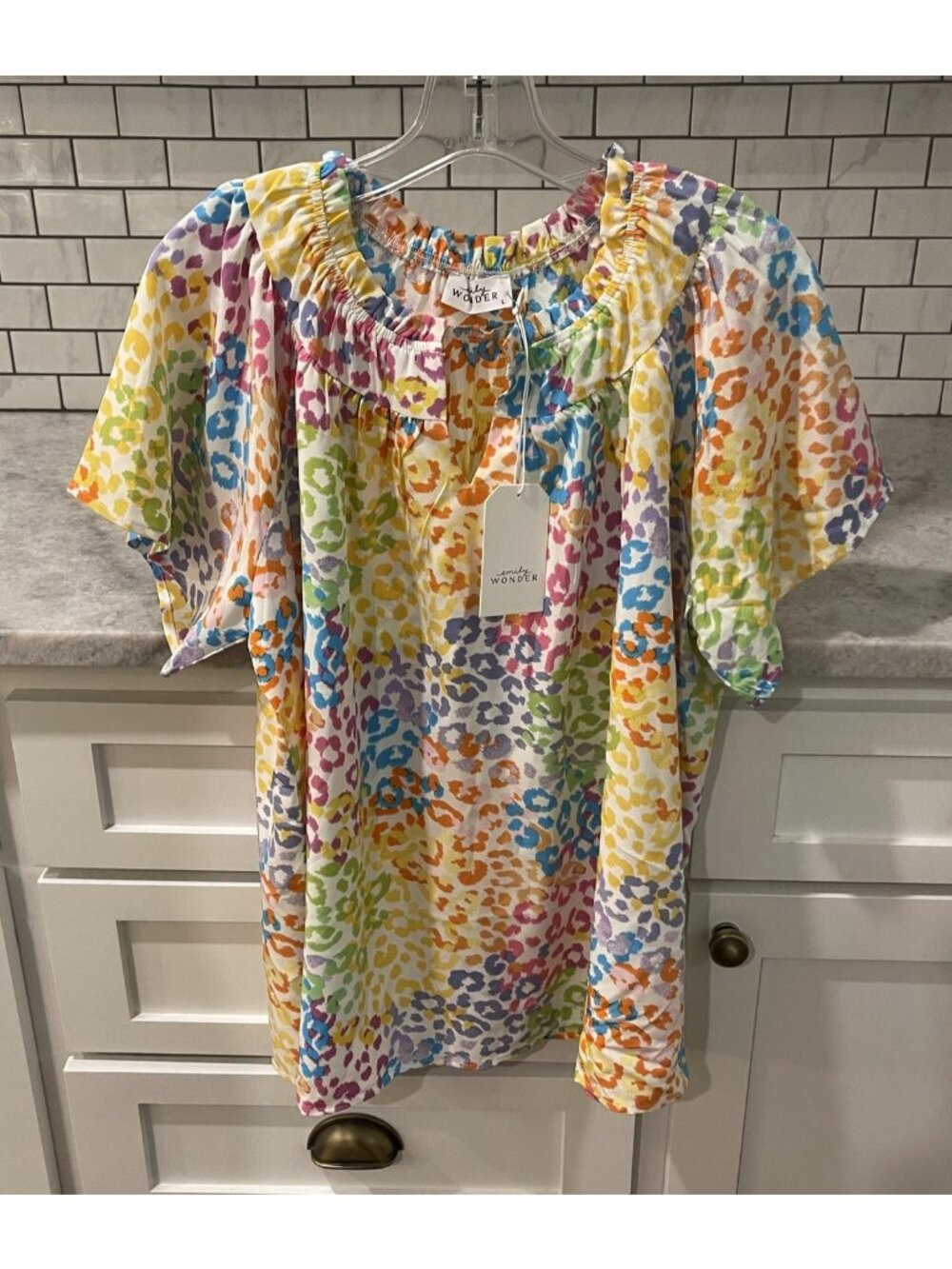 Z Supply Multi-Color Leopard Print Ruffle Neck Short Sleeve Top